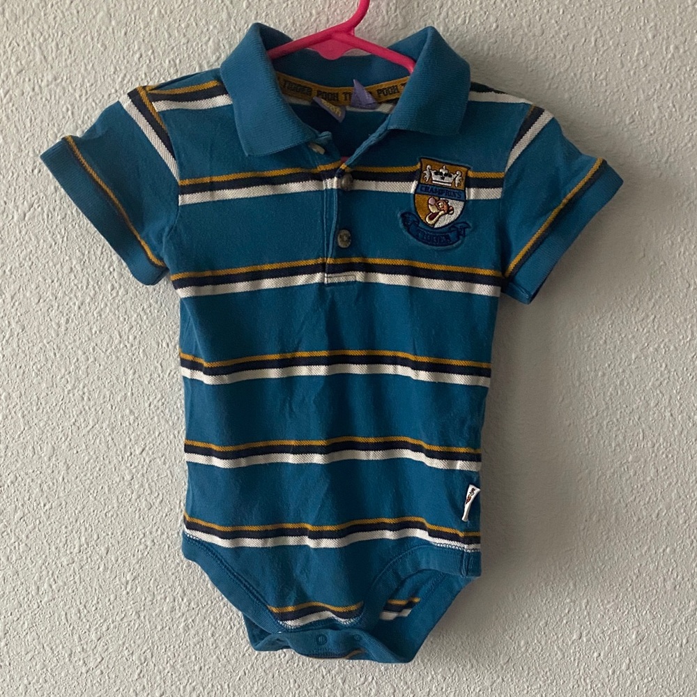 Disney Teal, White & Gold Striped Tigger Crest Polo Shirt